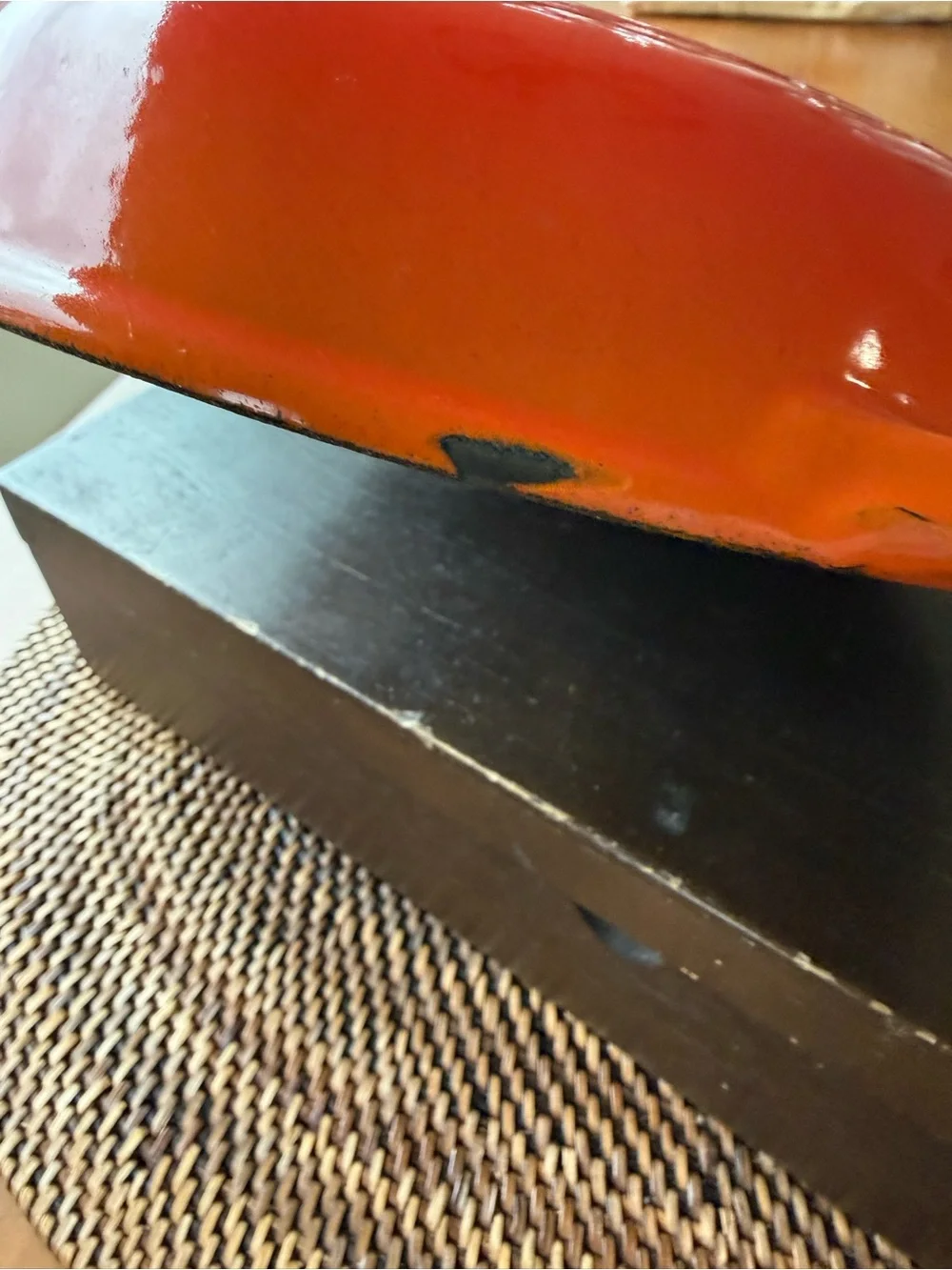 Le Creuset Orange Enameled Cast Iron Skillet. Read about the lid.